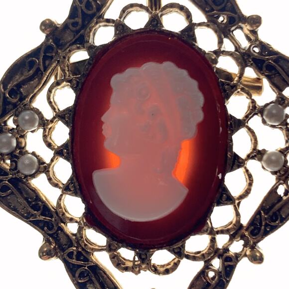 VTG Cameo Filigree Brooch Pendant Necklace Faux Pearl 60s 70s Victorian Revival - Picture 7 of 12